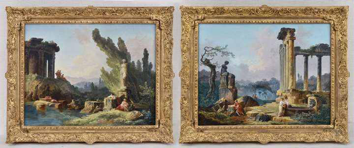 A Woman Fishing and Other Figures by Roman Ruins; Women Drawing Water from a Basin while a Man Contemplates a Classical Statue